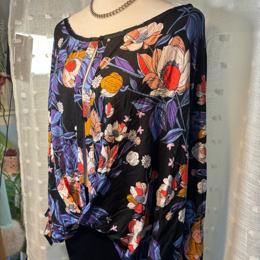 Free People Black Floral Blouse with Purple, Red & Orange Accents - Picture 13 of 13